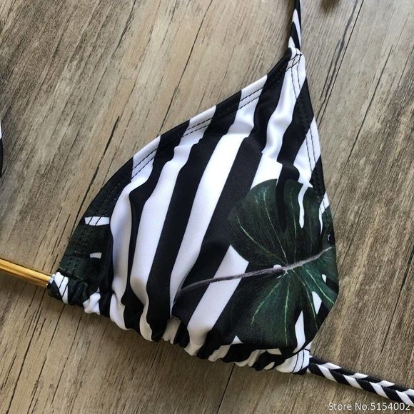 Striped Tropical Leaf Jungle Bikini S - Picture 3 of 7